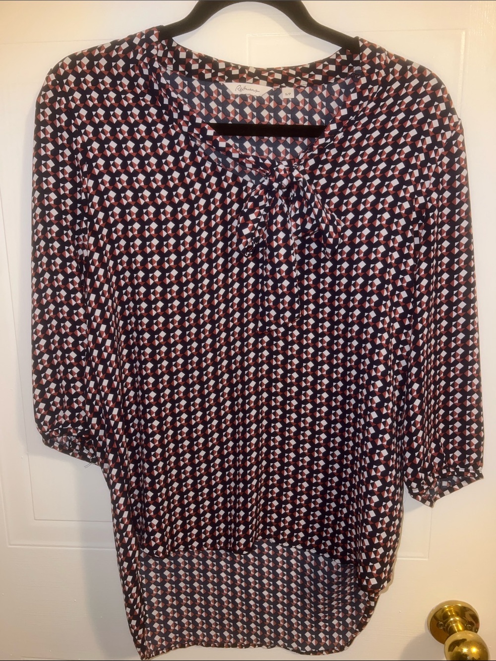 Reitmans Navy, Pink and White Geometric Tie-Neck Blouse